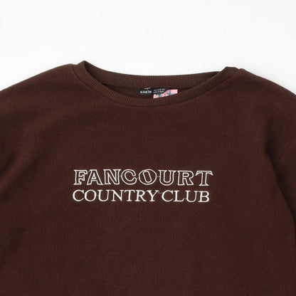 Close-up detail of SHEIN women’s brown polyester pullover sweatshirt, size M