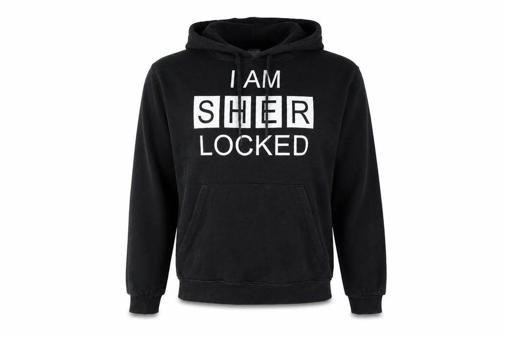 Front view of B&C Collection women’s black cotton pullover hoodie, size L, - sherlock