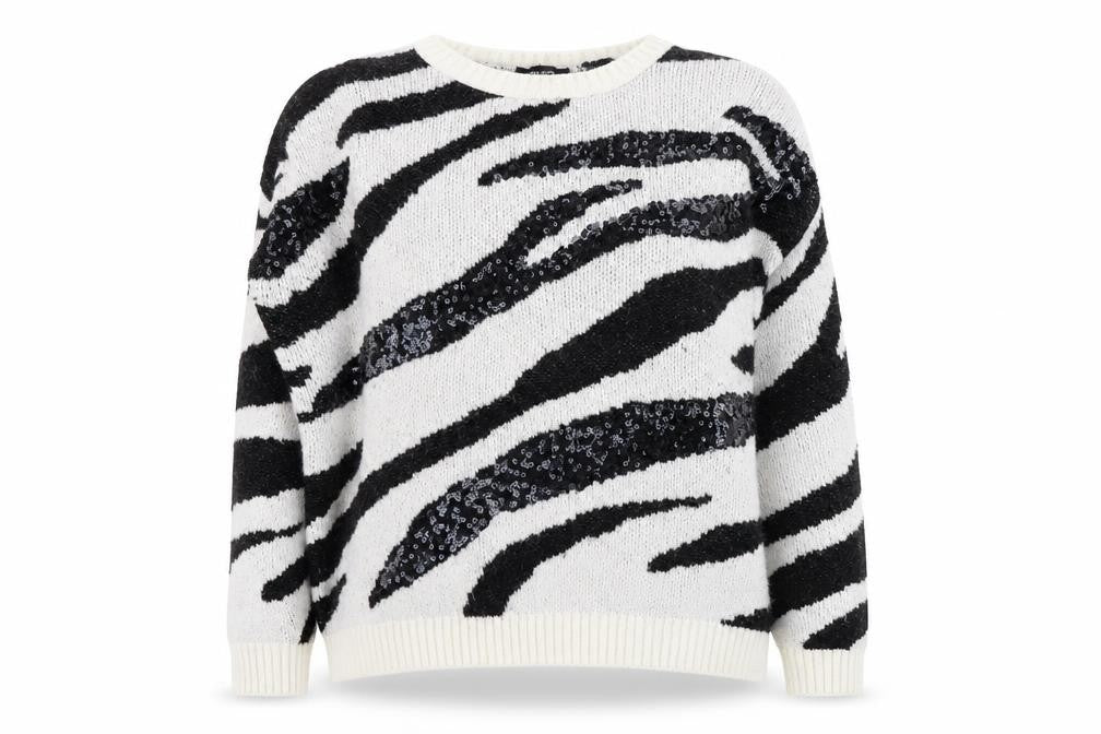 Front view of New Look women’s white round neck animal print acrylic jumper, size L