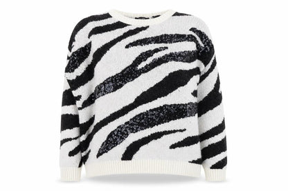 Front view of New Look women’s white round neck animal print acrylic jumper, size L