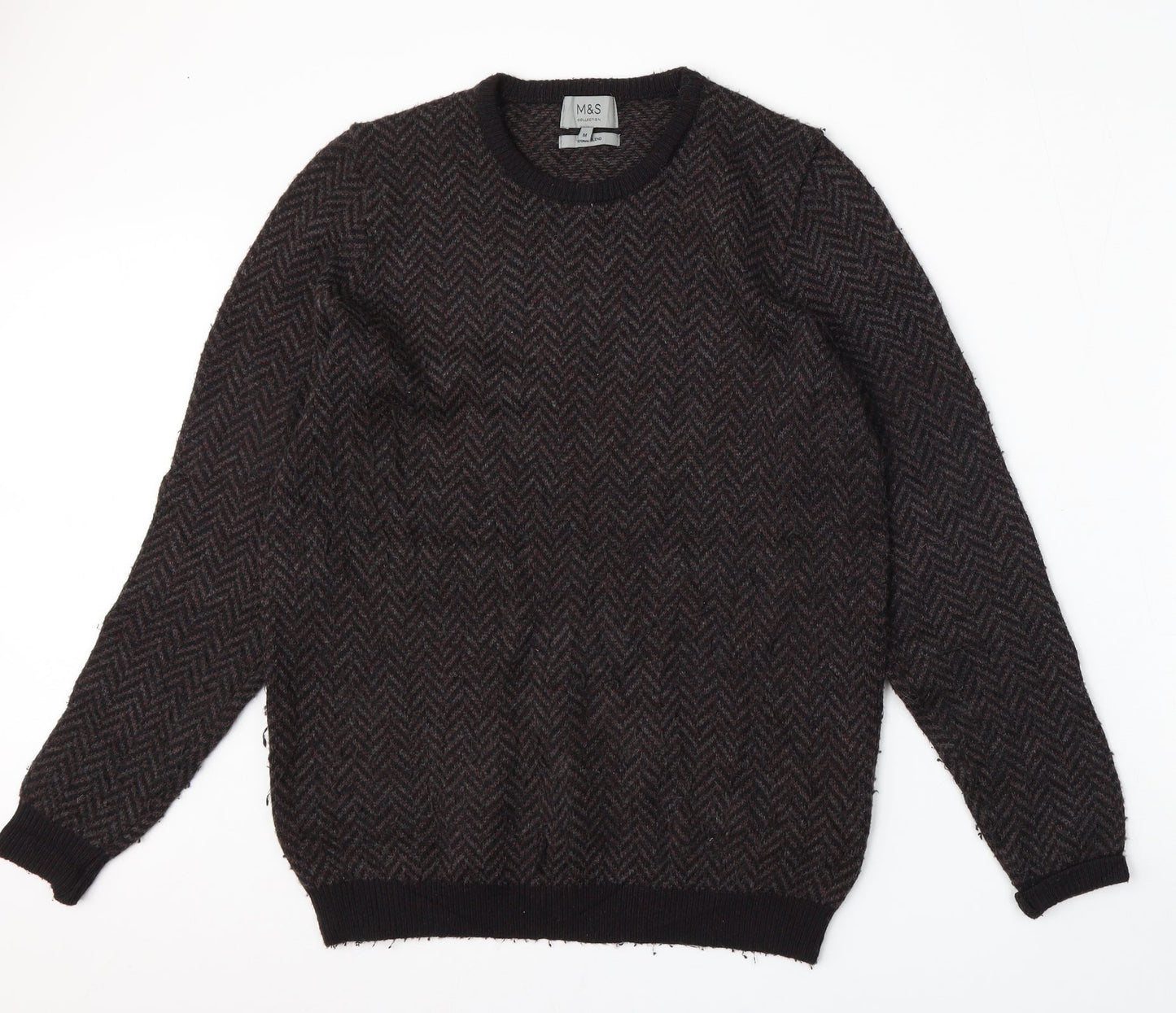 Marks and Spencer Mens Brown Round Neck Geometric Acrylic Pullover Jumper Size M