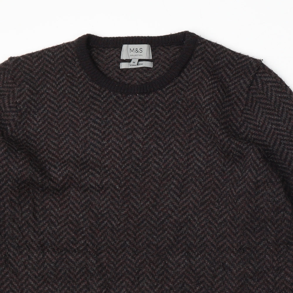 Marks and Spencer Mens Brown Round Neck Geometric Acrylic Pullover Jumper Size M