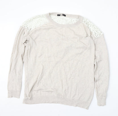 George Womens Beige Round Neck Floral Polyester Pullover Jumper Size L