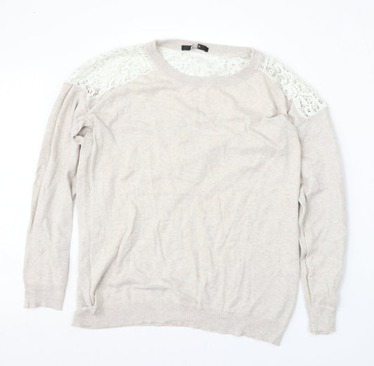 George Womens Beige Round Neck Floral Polyester Pullover Jumper Size L