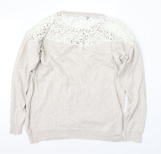 George Womens Beige Round Neck Floral Polyester Pullover Jumper Size L