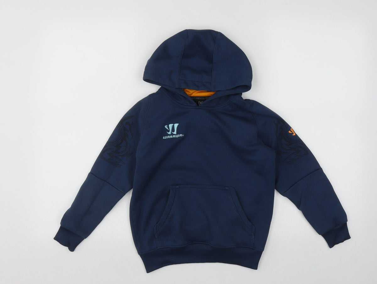 Front view of Warrior boys’ blue polyester pullover hoodie, size 7-8, years