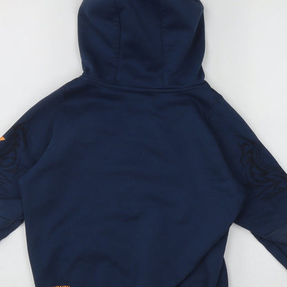 Brand and care label for Warrior boys’ blue polyester pullover hoodie, size 7-8, years