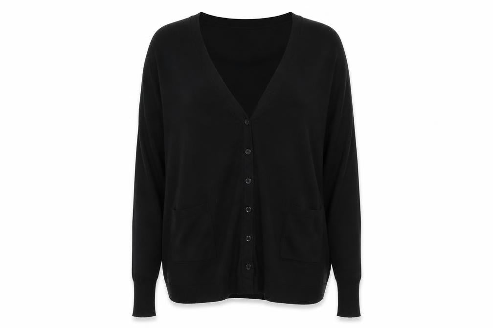 Front view of Nicole women’s black v-neck polyester cardigan jumper, size M