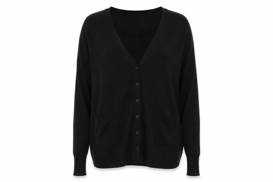 Front view of Nicole women’s black v-neck polyester cardigan jumper, size M