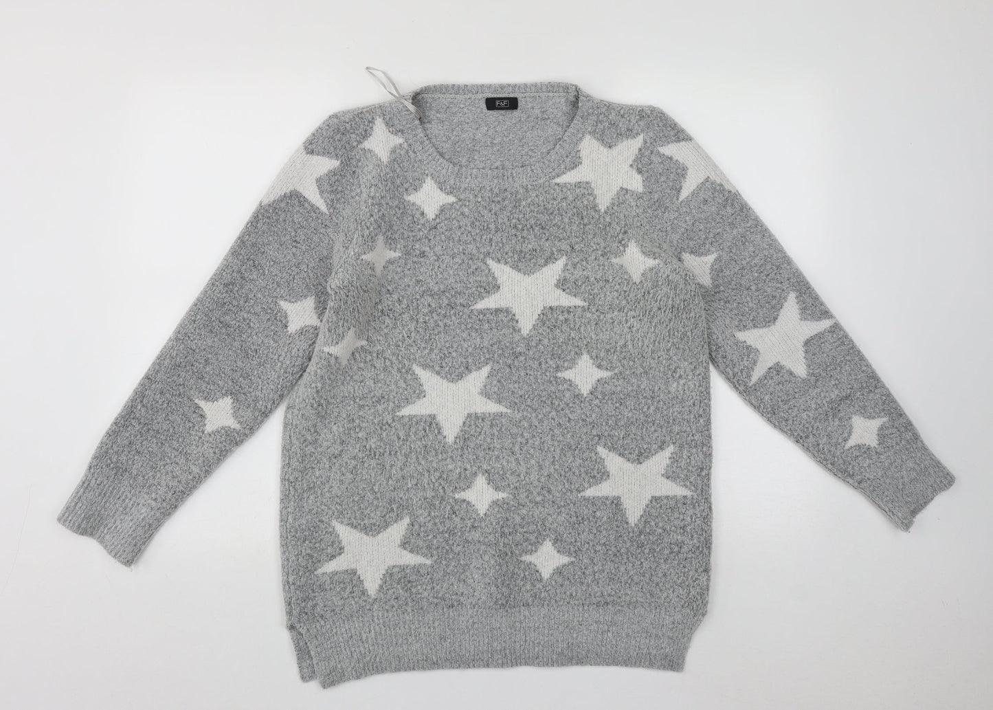 F&F  Womens Grey Round Neck  Polyester Pullover Jumper Size M   - STARS