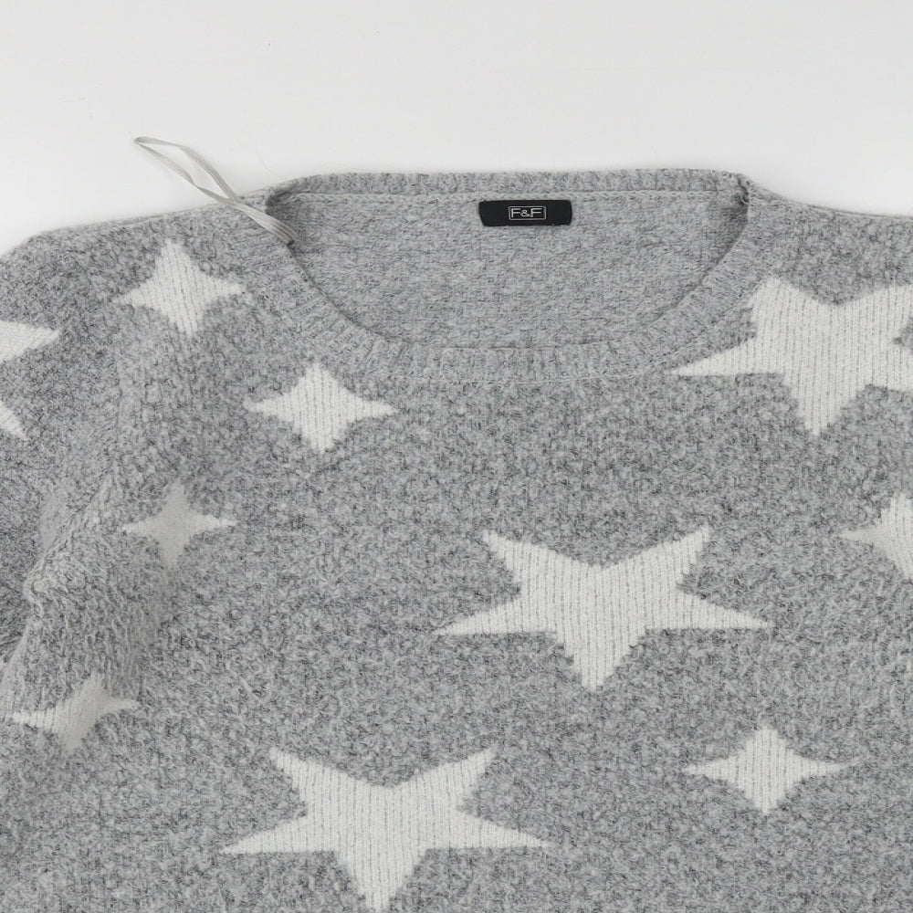 F&F  Womens Grey Round Neck  Polyester Pullover Jumper Size M   - STARS