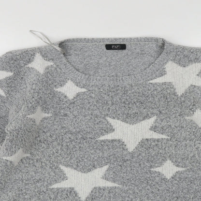 F&F  Womens Grey Round Neck  Polyester Pullover Jumper Size M   - STARS