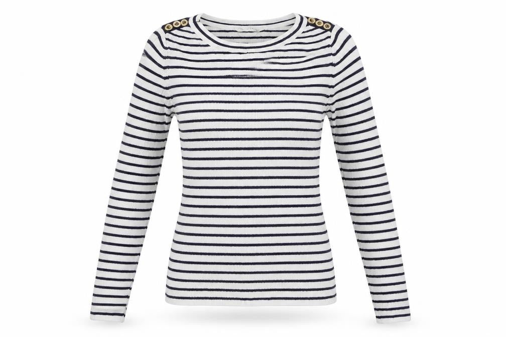 Front view of Miss Selfridge women’s white round neck striped acrylic jumper, size UK 10