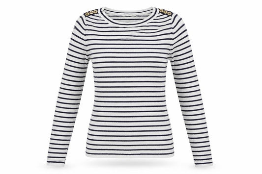 Front view of Miss Selfridge women’s white round neck striped acrylic jumper, size UK 10