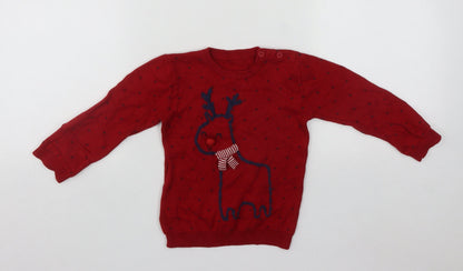 George Boys Red  Cotton Pullover Jumper Size 12-18 Months  Button - Rudolph Christmas Jumper