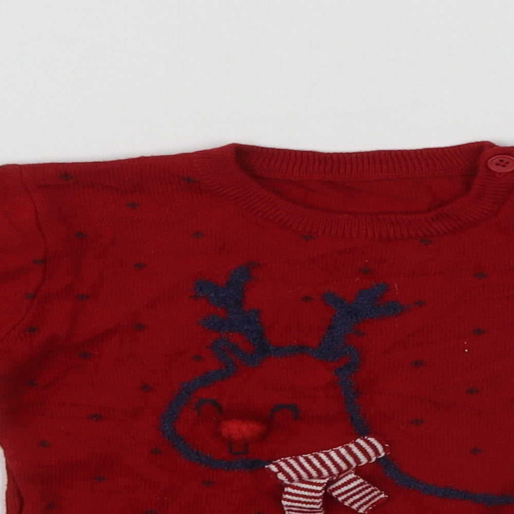 George Boys Red  Cotton Pullover Jumper Size 12-18 Months  Button - Rudolph Christmas Jumper