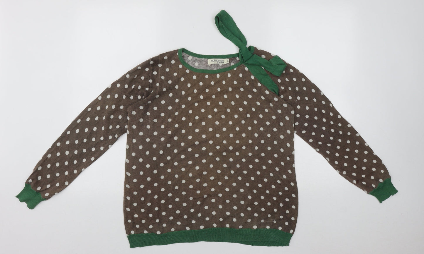 Indiwoman Womens Brown Round Neck Polka Dot Cotton Pullover Jumper Size L