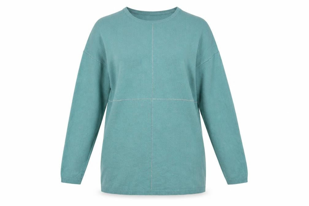 Front view of Melody women’s green boat neck acrylic jumper, size S