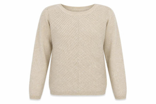 Front view of Isle women’s beige boat neck acrylic jumper, size UK 14