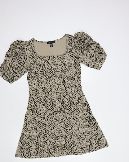 New Look Womens Beige Animal Print Viscose Fit & Flare  Size 8  Square Neck Pullover