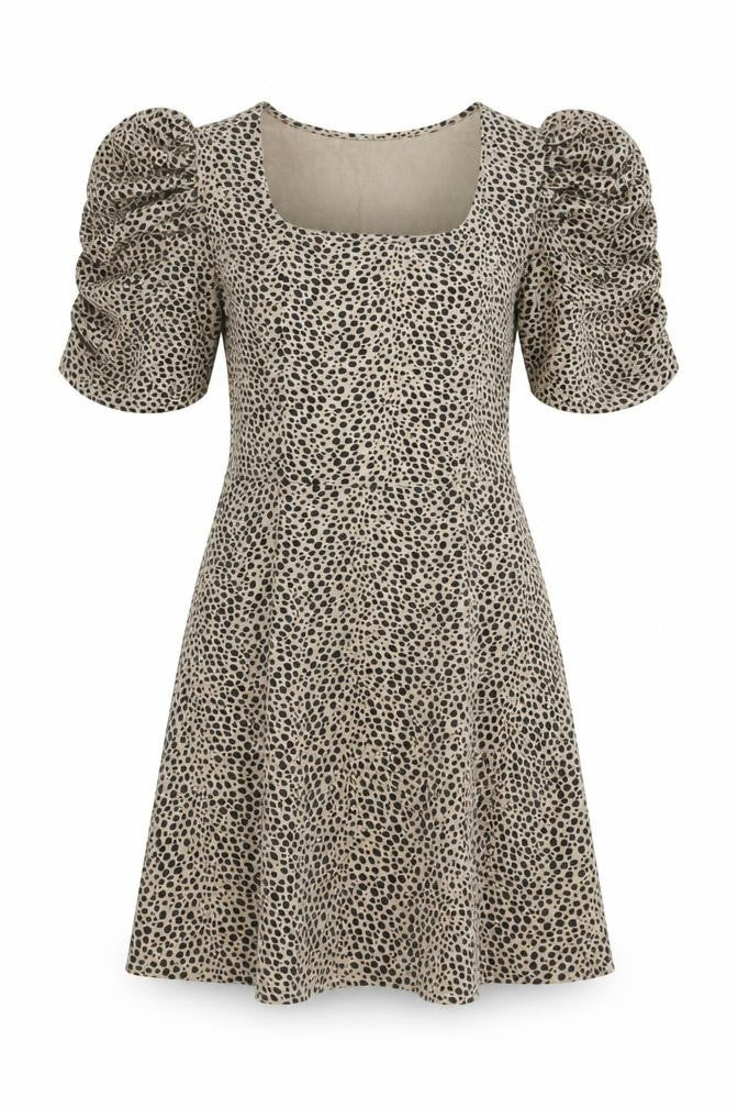 Front view of New Look women’s beige animal print viscose fit & flare, size UK 8, square neck pullover