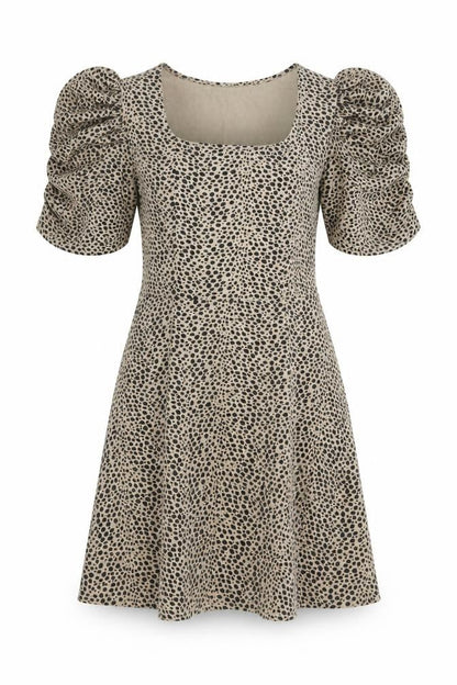 Front view of New Look women’s beige animal print viscose fit & flare, size UK 8, square neck pullover