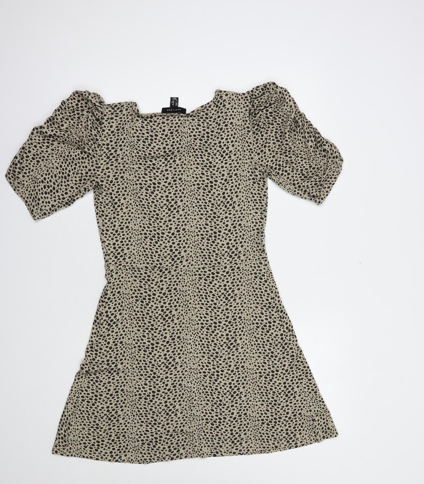 New Look Womens Beige Animal Print Viscose Fit & Flare  Size 8  Square Neck Pullover