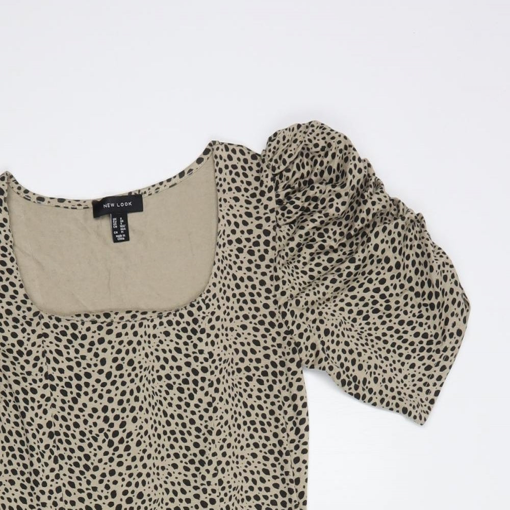 New Look Womens Beige Animal Print Viscose Fit & Flare  Size 8  Square Neck Pullover