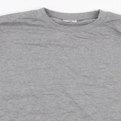 Close-up detail of CS men’s grey polyester pullover sweatshirt, size M