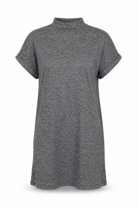 Front view of Woolworths women’s grey rayon t-shirt dress, size M, round neck pullover