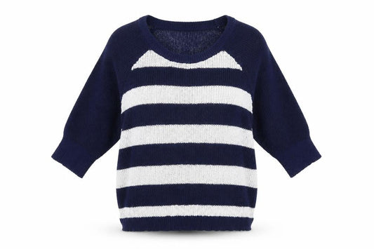 Front view of Peacocks women’s blue round neck striped polyester jumper, size S