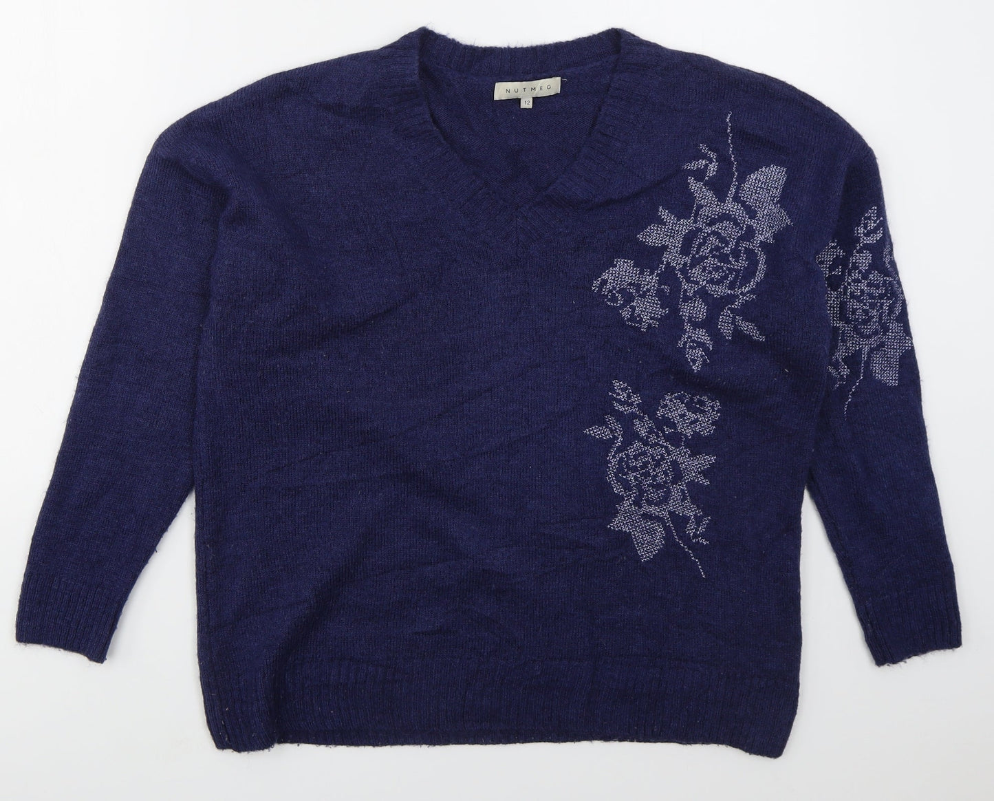 Nutmeg Womens Blue V-Neck Floral Acrylic Pullover Jumper Size 12