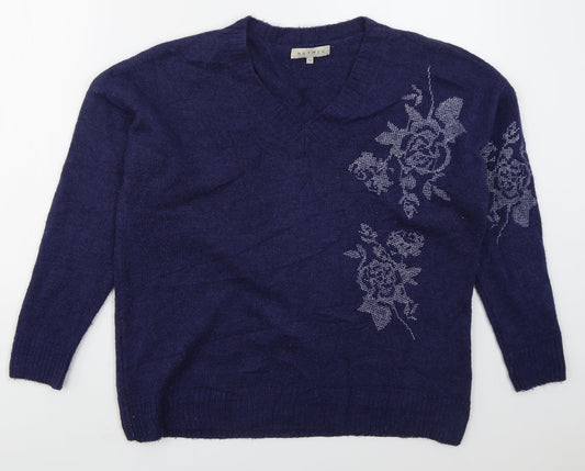 Nutmeg Womens Blue V-Neck Floral Acrylic Pullover Jumper Size 12