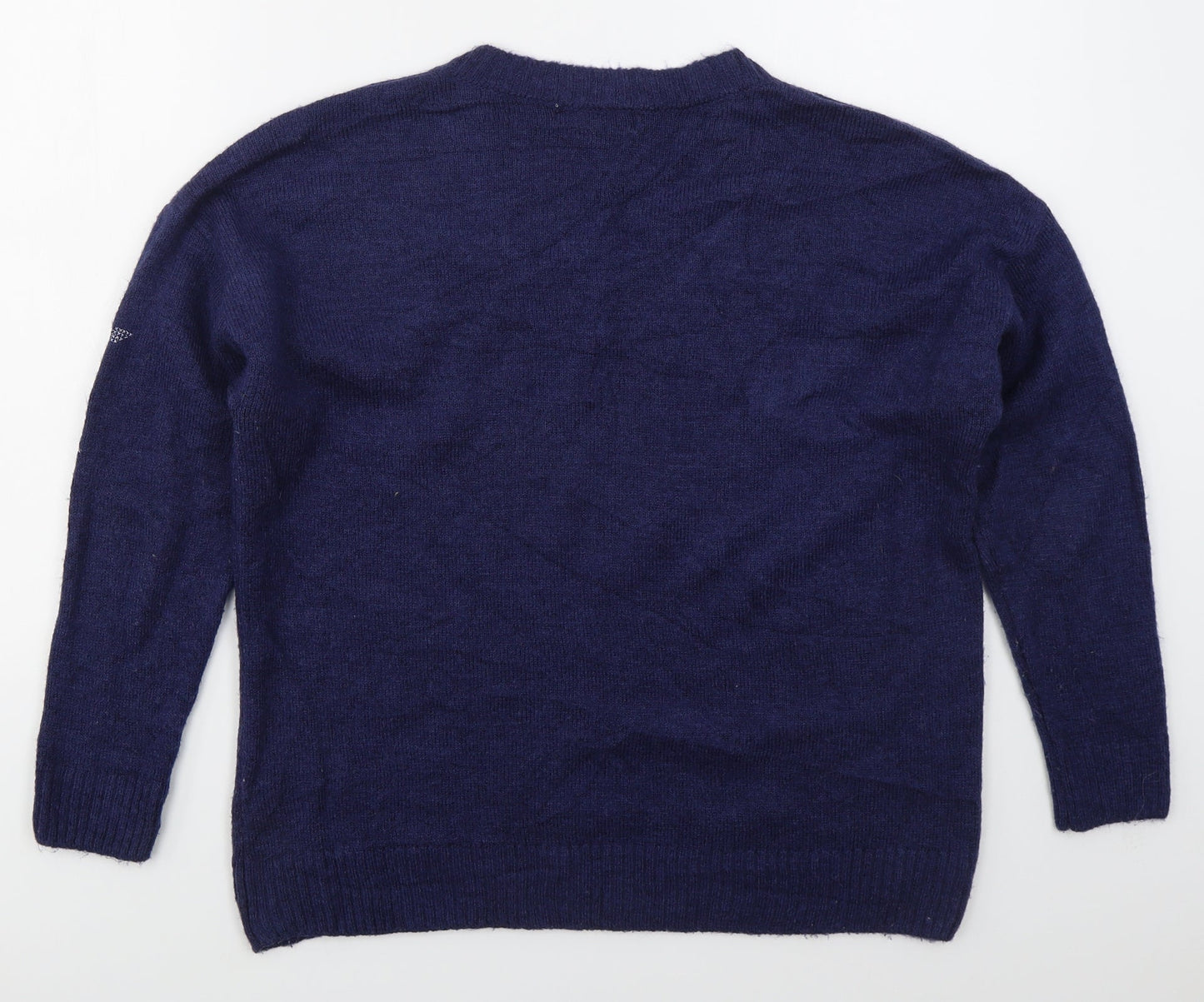 Nutmeg Womens Blue V-Neck Floral Acrylic Pullover Jumper Size 12