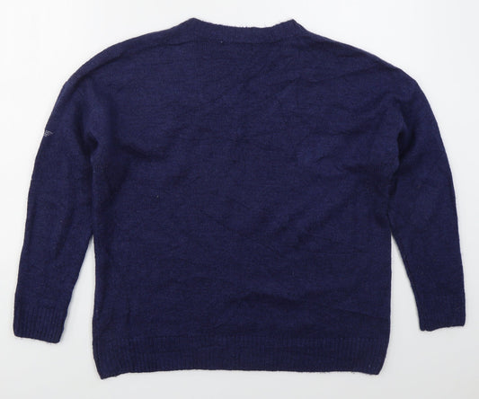 Nutmeg Womens Blue V-Neck Floral Acrylic Pullover Jumper Size 12