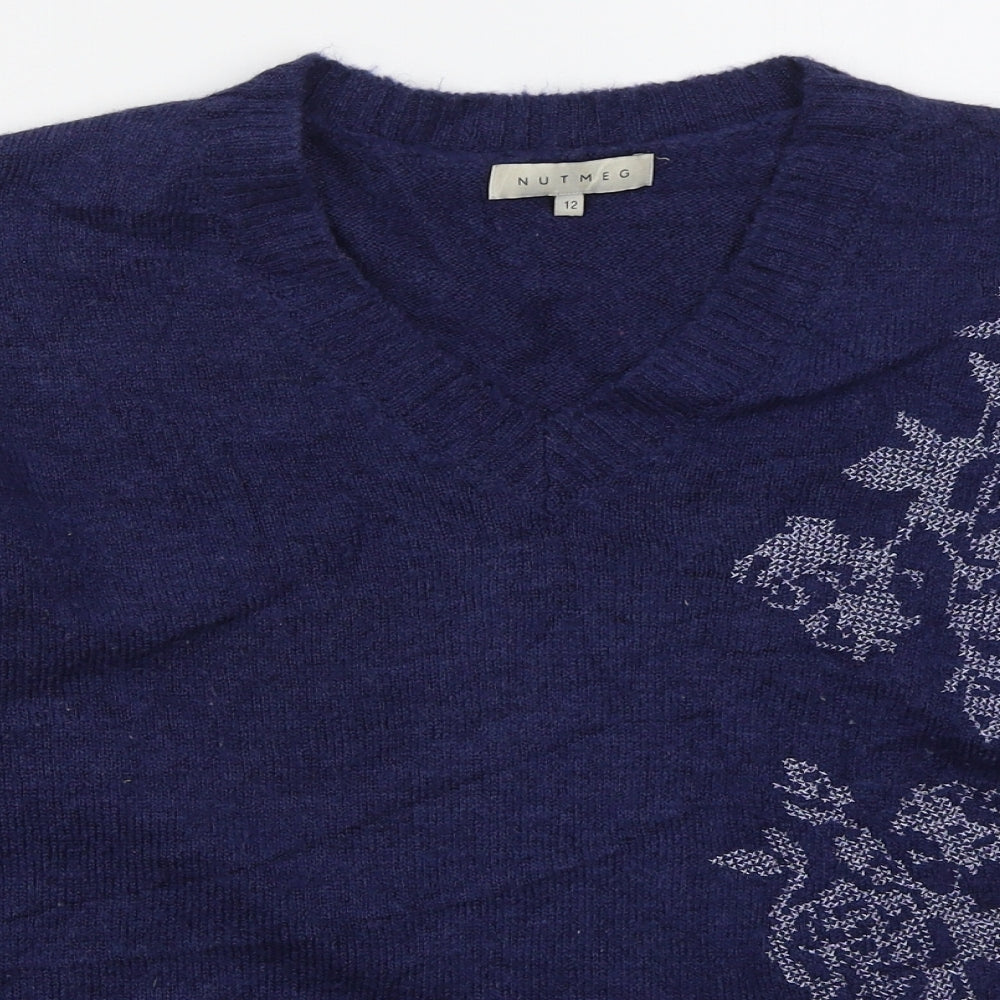 Nutmeg Womens Blue V-Neck Floral Acrylic Pullover Jumper Size 12