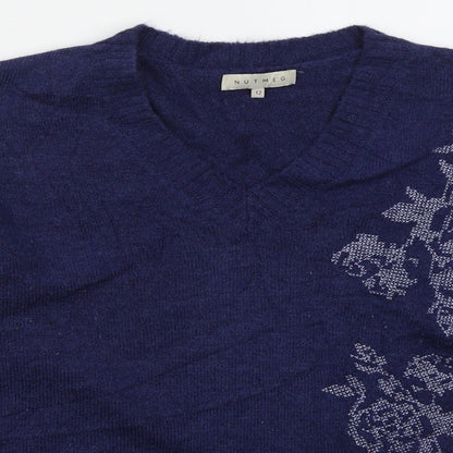 Nutmeg Womens Blue V-Neck Floral Acrylic Pullover Jumper Size 12