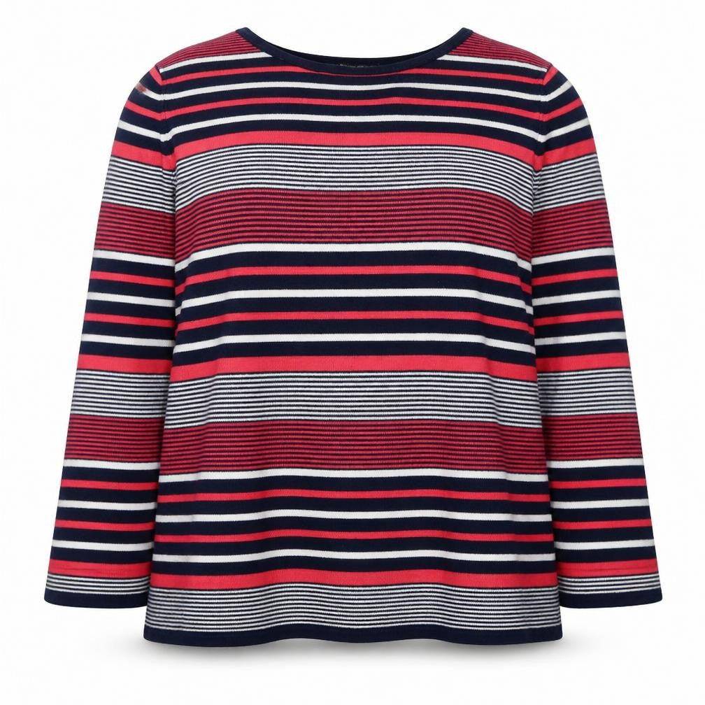 Front view of Love Knitwear women’s multicoloured round neck striped acrylic jumper, size UK 22