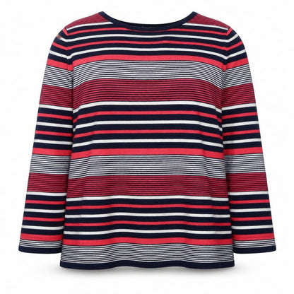Front view of Love Knitwear women’s multicoloured round neck striped acrylic jumper, size UK 22