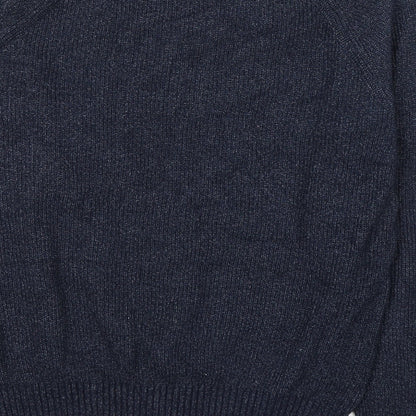 Brand and care label for Macson women’s blue round neck polyester jumper, size XL