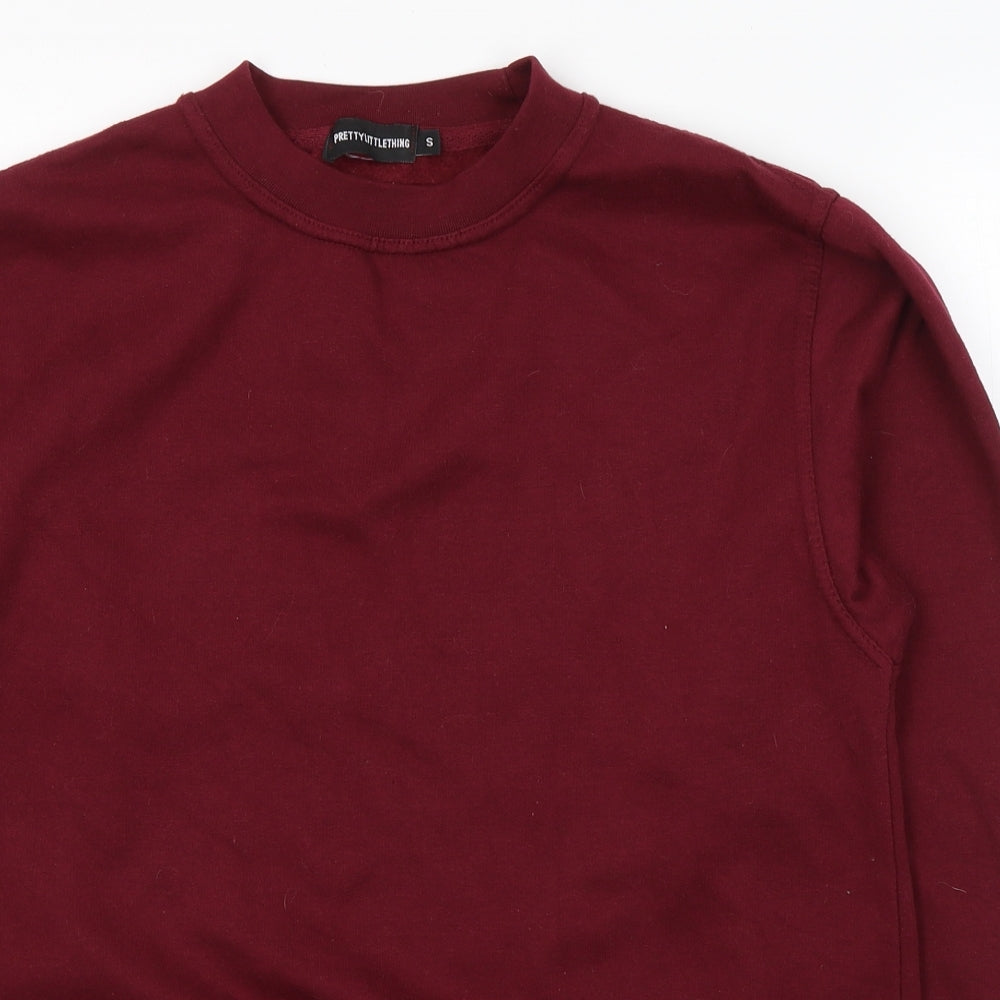 Close-up detail of PRETTYLITTLETHING women’s red polyester pullover sweatshirt, size S, pullover