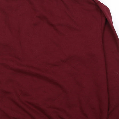 Brand and care label for PRETTYLITTLETHING women’s red polyester pullover sweatshirt, size S, pullover