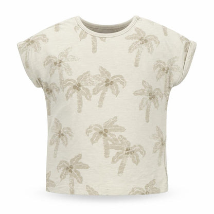 Front view of Next boys’ beige cotton basic t-shirt, size 6-9, months round neck pullover - palm trees