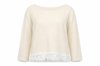 Front view of Gap women’s beige cotton pullover sweatshirt, size S