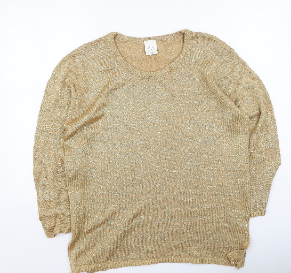 Front view of Amari women’s gold acrylic pullover sweatshirt, size UK 18