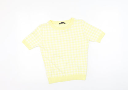 Marks and Spencer Womens Yellow Plaid Viscose Basic T-Shirt Size 8 Round Neck