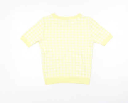 Marks and Spencer Womens Yellow Plaid Viscose Basic T-Shirt Size 8 Round Neck