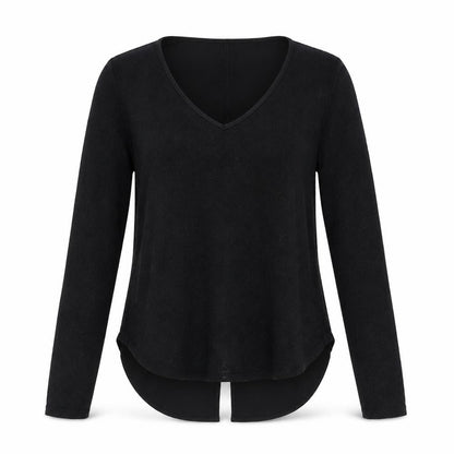 Front view of Gibson women’s black polyester basic blouse, size S, v-neck - sheer