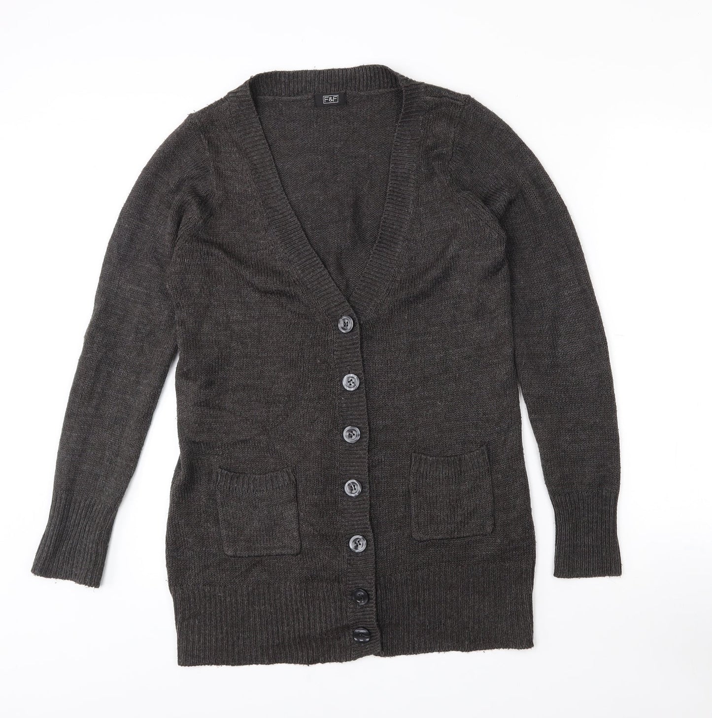 F&F Womens Grey V-Neck  Acrylic Cardigan Jumper Size 14