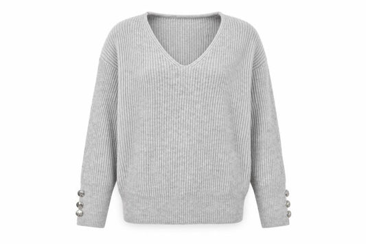 Front view of Sheilay women’s grey v-neck acrylic jumper, size UK 8